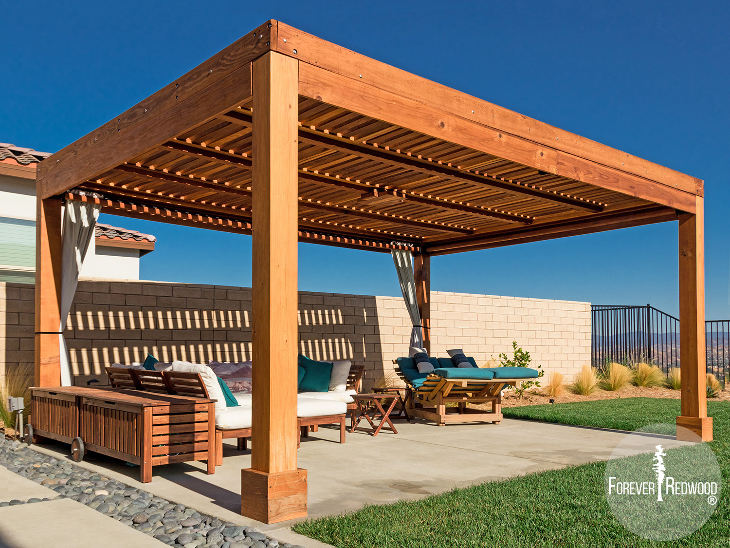 Modern Louvered Garden Pergolas, Custom Made from Redwood